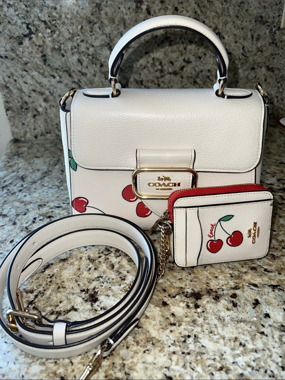Coach White Leather Top-Handle Satchel Cherry Print coach handbag and wallet